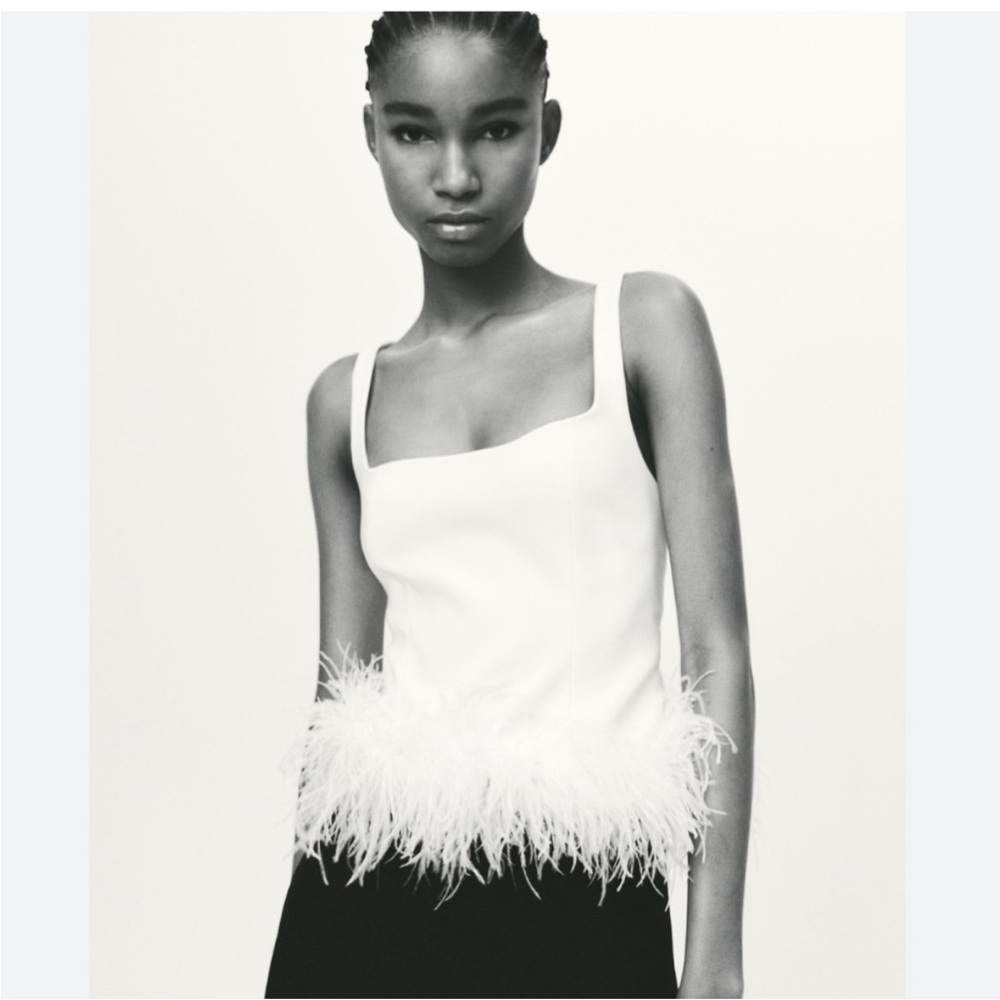 zara NWT white feathered tank top blouse stretch 4772/104 197 size small - Picture 10 of 12